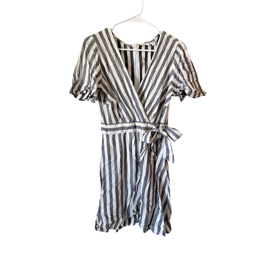 NWOT BB Dakota Blue White Striped Faux Wrap Mini Dress Short Puff Sleeve Size 4